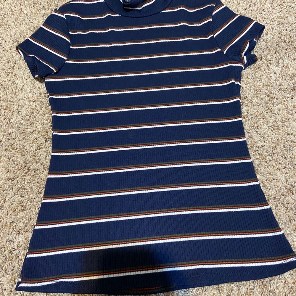 navy striped tight mock neck tee
